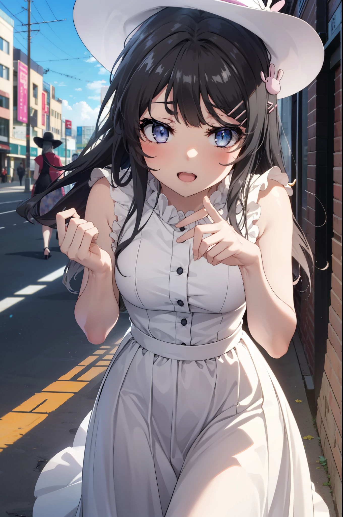 maisakurajima, Mai Sakurajima, Long Hair, bangs, (Black Hair:1.5), hair ornaments, (Purple eyes:1.1), Hair Clip, rabbit hair ornaments,time　Daytime,sunny,Light of the sun,White hat,
happy smile, smile, Open your mouth,blush,Sleeveless dress,Long skirt,Cute heeled sandals,Clear skies,Daytime　　　　　　　　　　　　break looking at viewer,whole body, (Cowboy Shot:1. 5) ,　　　　　　　　　　　　　　　　　　　　break outdoors, Building district,In town, break (masterpiece:1.2), highest quality, High resolution, unity 8k wallpaper, (shape:0.8), (Beautiful and beautiful eyes:1.6), Highly detailed face, Perfect lighting, Highly detailed CG, (Perfect hands, Perfect ),