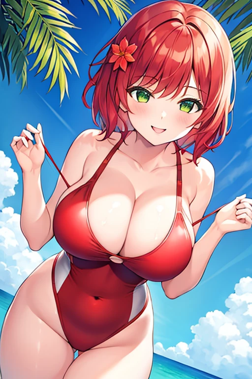 1girl, red hair, medium hair, short hair, flower, flower orbament, ornament, hair ornament, green eyes, one-piece swimsuit, competition swimsuit, large breasts, wide hips, thick thighs, smile, breasts supress, ((breast suppress)), hands on breasts