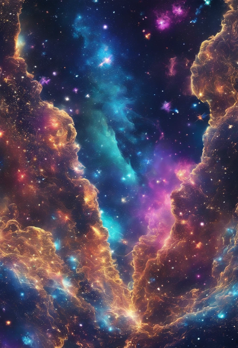 (((wallpaper))),Gold, silver and rainbow glitter is scattered across the screen.,Dazzling brilliance,Otherworldly atmosphere,A masterpiece.