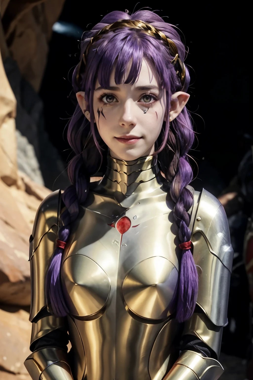 best quality, (masterpiece:1.2), detailed,
 esil radiru,
solo, light smile,
purple hair, long hair, braid, red eyes, pointy ears, facial mark, earrings,
red amor, gold trim, pauldrons,
standing, looking at the viewer,
cave, estilo hiperrealista, super detallado