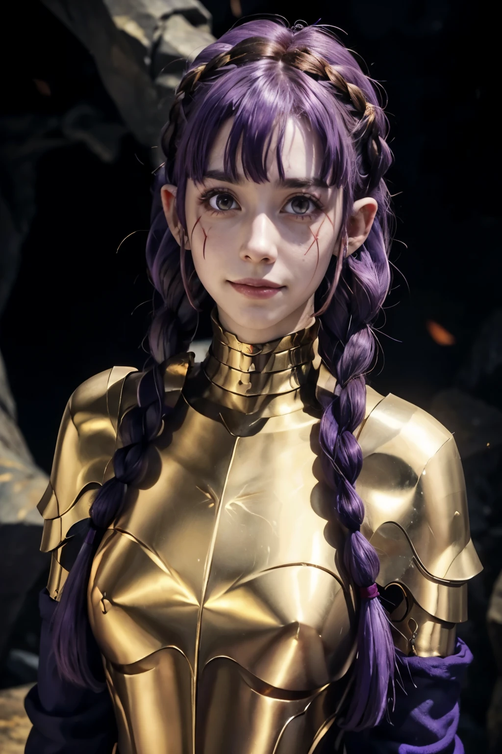 best quality, (masterpiece:1.2), detailed,
 esil radiru,
solo, light smile,
purple hair, long hair, braid, red eyes, pointy ears, facial mark, earrings,
red amor, gold trim, pauldrons,
standing, looking at the viewer,
cave, estilo hiperrealista, super detallado