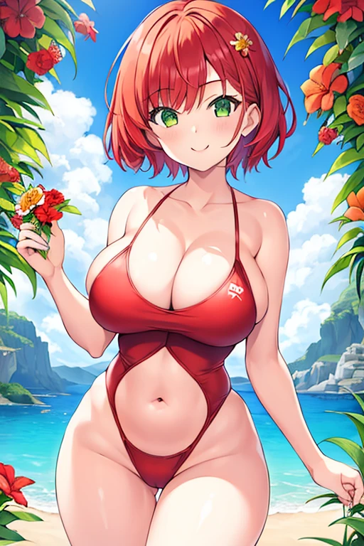 1girl, red hair, medium hair, short hair, flower, flower orbament, ornament, hair ornament, green eyes, one-piece swimsuit, competition swimsuit, large breasts, wide hips, thick thighs, smile, breasts supress, ((breast suppress)), hands on breasts