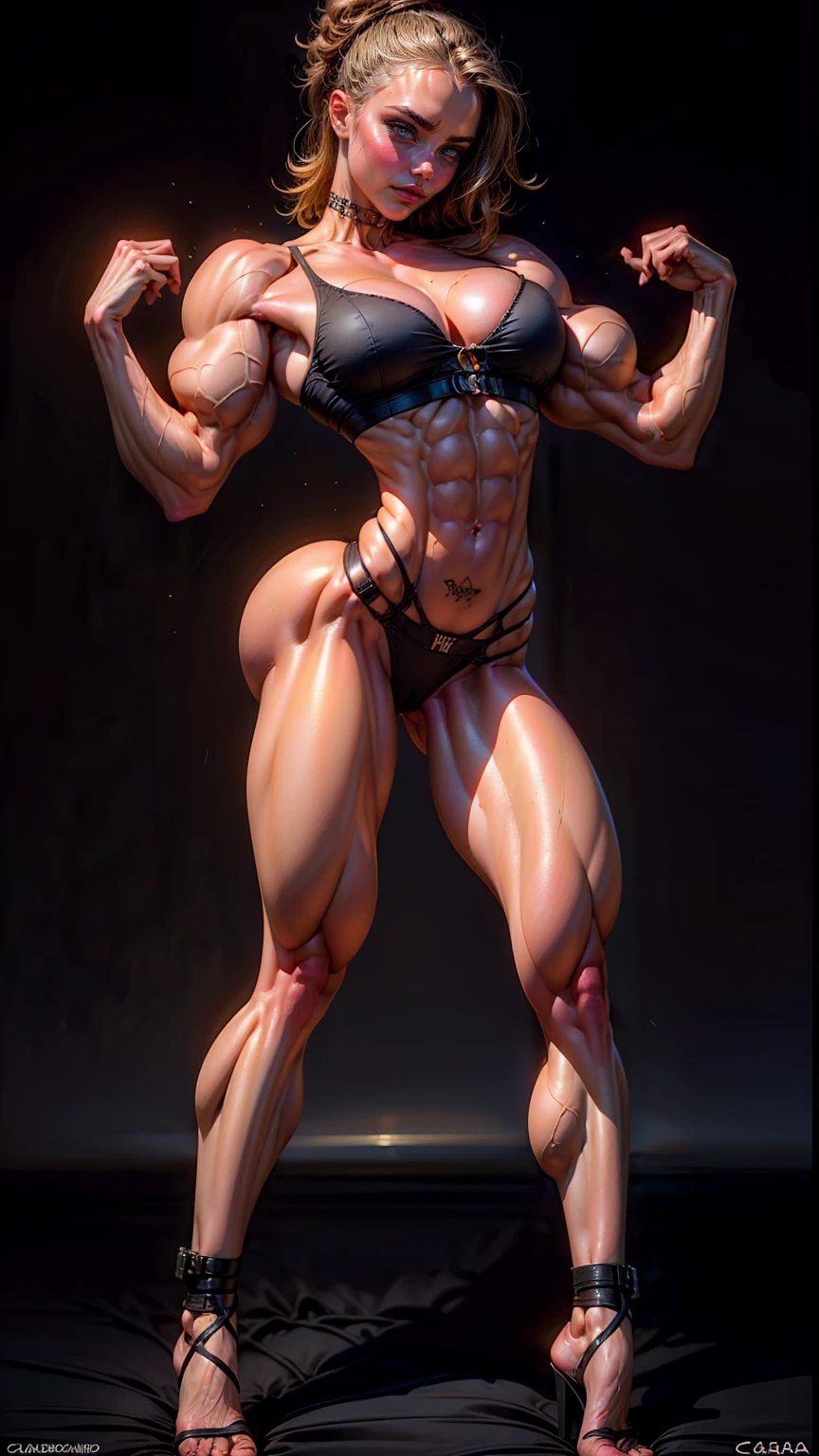 (1 girl), (cara delevingne:1.25), ((wide shoulders:1.25)), (Bodybuilder woman wearing a dominatrix outfit with huge tits:1.25), (ten pack abs:1.5), (full body view:1.25), ((large muscular veiny breasts:1.25)), choker, (sculpted muscles:1.25), detailed eyes, (muscular body:1.25), (looking at viewer), (smile:1.25, (blank dark background:1.5), in the art style of peter mohrbacher