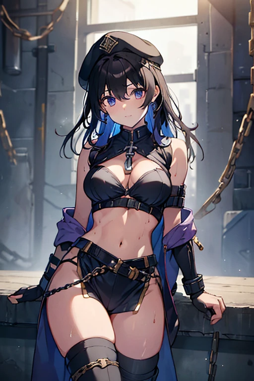 (Thynasha:1.2),dark blue hair,very long hair, purple eyes,(beautiful detailed eyes:1.0), extremely detailed face, perfect lighting, hair between eyes,bangs, (black beret, black jacket, open clothes, cleavage, midriff, black medium skirts, black thighhighs, thigh strap, fingerless gloves, single glove:1.2), Photo,sharpness, F1.6 lens,hyper-realistic textures,spectacular light textures, Cinestil 800 Fashion Mechanics,(((Beautiful woman with left leg restrained by chains))),Appearance,Beautiful girl with accentuated slender abs: 1.1,six-pack abs: 1.1, Bust Botox,Standing on tiptoe, long legs,Long brown hair fluttering in the wind,Brown hair, Long hair, Female Warrior Costume,(No panties,No bra),(tacticul battle fashion,elbow and knee tacticul battle fashion, battle glove: 1.1),((cute batre costume)),The belly comes out and the navel is visible,Thin sheer costume, combat gloves,shredded costumes,cyber long combat boots with golden knee pads,Anatomical,(futuristic sci-fi battle fashion, new elbow and knee cyberpads, new cyberlong boots, new cybergloves: 1.1),(tied perfectly by iron chain:1.3), Restraint, Slave, collars, contempt, (Chained), 4 chains hung from heaven, Metallic shackles and fetters, wet crotch clearly visible,((Hands are restrained above the head)), the neck is chained,Chain from left knee to heaven,Chained by rusty iron chains,((the tip is protruding, areolas protruding,The shape of the pubic harearea is clearly visible:0.9)),Sweating,Wet,Wet crotch,Wet thighs,Junkyard, Realistic, (cute, perfect clothes, skimpy clothes, cute: 1.3) ,Vast miritary base in us,((wide mirtary hospital with summer sunlight)), peeling ceilings, Rebar between, Realistic material details, Extreme details, Ultra-realistic materials,narrow waist,(with sparkling eyes and a contagious smile:0.9),looking at viewer,