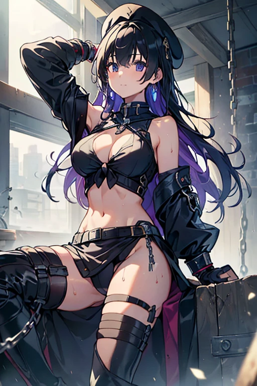 (Thynasha:1.2),dark blue hair,very long hair, purple eyes,(beautiful detailed eyes:1.0), extremely detailed face, perfect lighting, hair between eyes,bangs, (black beret, black jacket, open clothes, cleavage, midriff, black medium skirts,  black thighhighs, thigh strap, fingerless gloves, single glove:1.2), Photo,sharpness, F1.6 lens,hyper-realistic textures,spectacular light textures, Cinestil 800 Fashion Mechanics,(((Beautiful woman with left leg restrained by chains))),Appearance,Beautiful girl with accentuated slender abs: 1.1,six-pack abs: 1.1, Bust Botox,Standing on tiptoe, long legs,Long brown hair fluttering in the wind,Brown hair, Long hair, Female Warrior Costume,(No panties,No bra),(tacticul battle fashion,elbow and knee tacticul battle fashion, battle glove: 1.1),((cute batre costume)),The belly comes out and the navel is visible,Thin sheer costume, combat gloves,shredded costumes,cyber long combat boots with golden knee pads,Anatomical,(futuristic sci-fi battle fashion, new elbow and knee cyberpads, new cyberlong boots, new cybergloves: 1.1),(tied perfectly by iron chain:1.3), Restraint, Slave, collars, contempt, (Chained), 4 chains hung from heaven, Metallic shackles and fetters, wet crotch clearly visible,((Hands are restrained above the head)), the neck is chained,Chain from left knee to heaven,Chained by rusty iron chains,((the tip is protruding, areolas protruding,The shape of the pubic harearea is clearly visible:0.9)),Sweating,Wet,Wet crotch,Wet thighs,Junkyard, Realistic, (cute, perfect clothes, skimpy clothes, cute: 1.3) ,Vast miritary base in us,((wide mirtary hospital with summer sunlight)), peeling ceilings, Rebar between, Realistic material details, Extreme details, Ultra-realistic materials,narrow waist,(with sparkling eyes and a contagious smile:0.9),looking at viewer,
