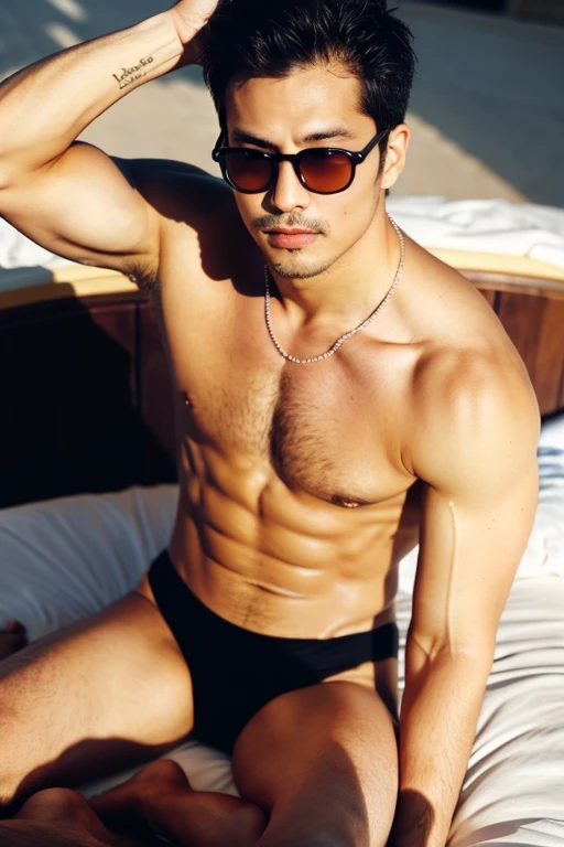 ((highest quality)), ((masterpiece)), (detailed), Japanese, uncle, Dandy, sunglasses, Muscular, big, brown, male, bed, Swimwear, necklace