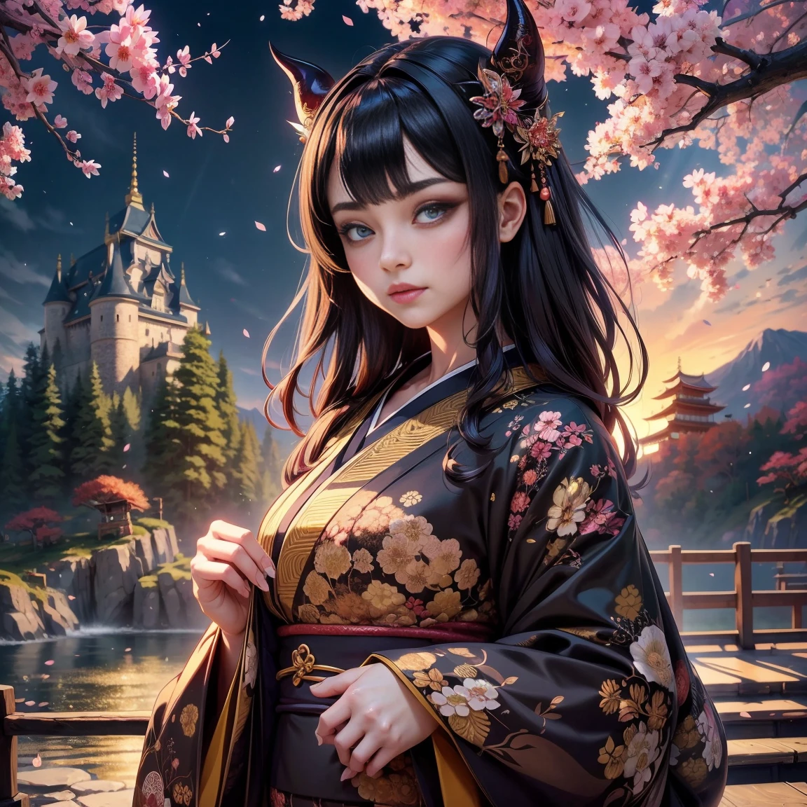 ((junkotvv cabello negro con flequillo y orejas de gato, ojos rojos)), (masterpiece, top quality, best quality, official art, beautiful, cosmic, atmospheric, psychedelic, dreamlike, shinto shrine and aesthetic:1.2), (1girl, neon morado hair, beautuful highly detailed Harajuku-inspired hooded kimono, tons of tattoos and piercings, super huge enormously gigantic nude tits and nipples exposed, cleavage showing, gigantic  bursting out of her kimono), extreme detailed,(fractal art:1.3),colorful,highest detailed, cherry blossoms blowing in the wind 