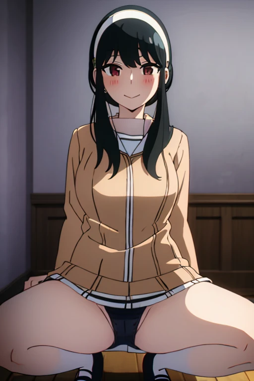 (masterpiece, highest quality: 1.2), alone, 1 girl, alone, panties，，blush，Sailor suit，blazer，your heather, smile, Mouth closed, View your viewers, Long black hair, head band,  Earrings, Big Breasts, Medium Waist, Medium Hips, wide thighs, Embarrassing, Charm, smiling with her Mouth closed, Good move.., Excellent anatomy,panties，classroom，，Sailor suit，blazer，skirt， (((skirtめくり, I can see your pants)))，squat，squat，squat，Spread your legs，