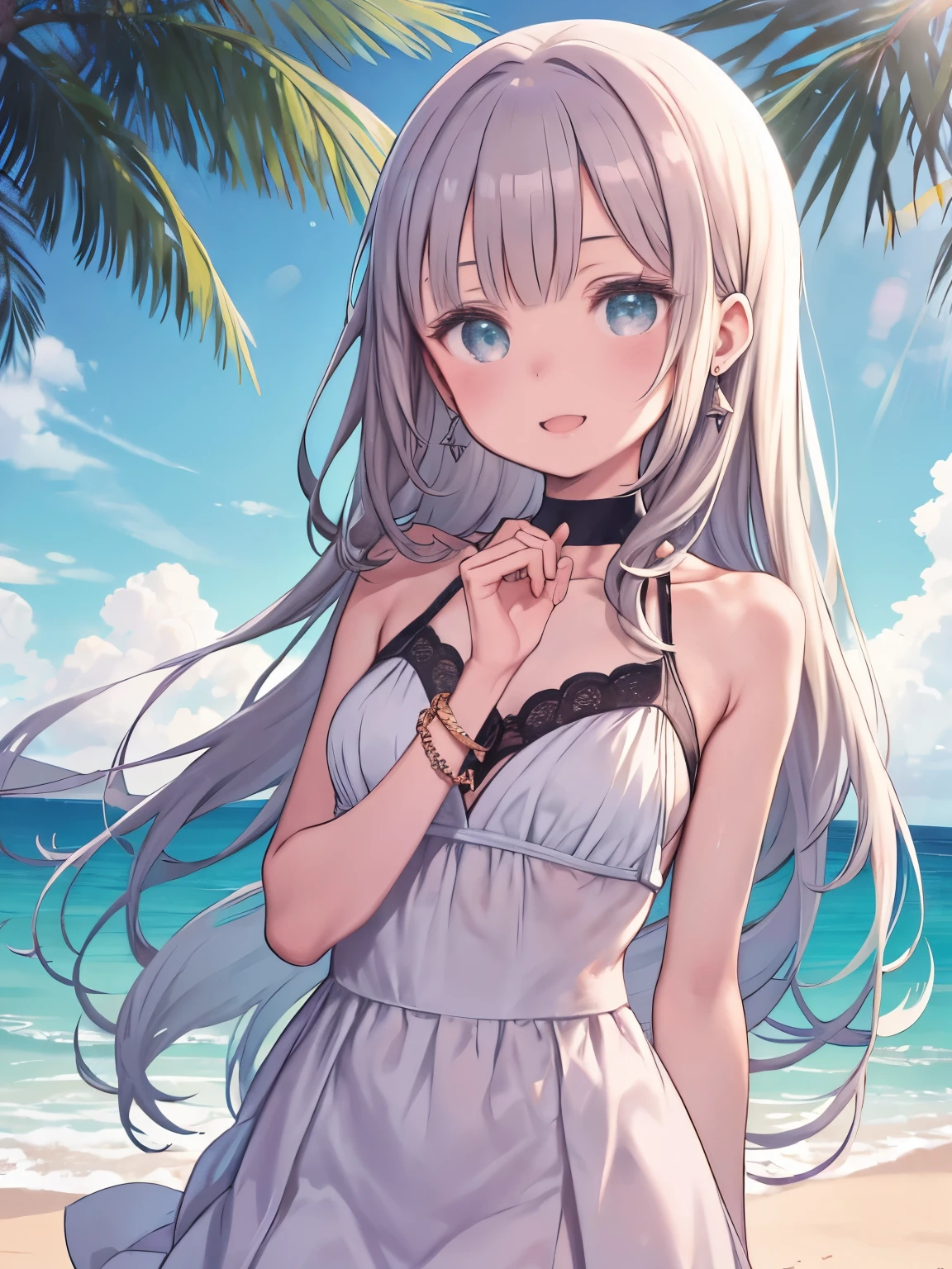 One girl, :is, Aqua Eye, bangs, bare shoulisers, Beach, blush, bracelet, chest, blonise hair, choker, chestの谷間, clavicle, isress, Earrings, Eyebrows visible through hair, Have, jewelry, Long Hair, View your viewers, large chest, , Ocean, off-shouliser isress, off shouliser, Open your mouth, outisoors, ribbon, smile, alone, sun Have, water, white isress, white heaiswear
