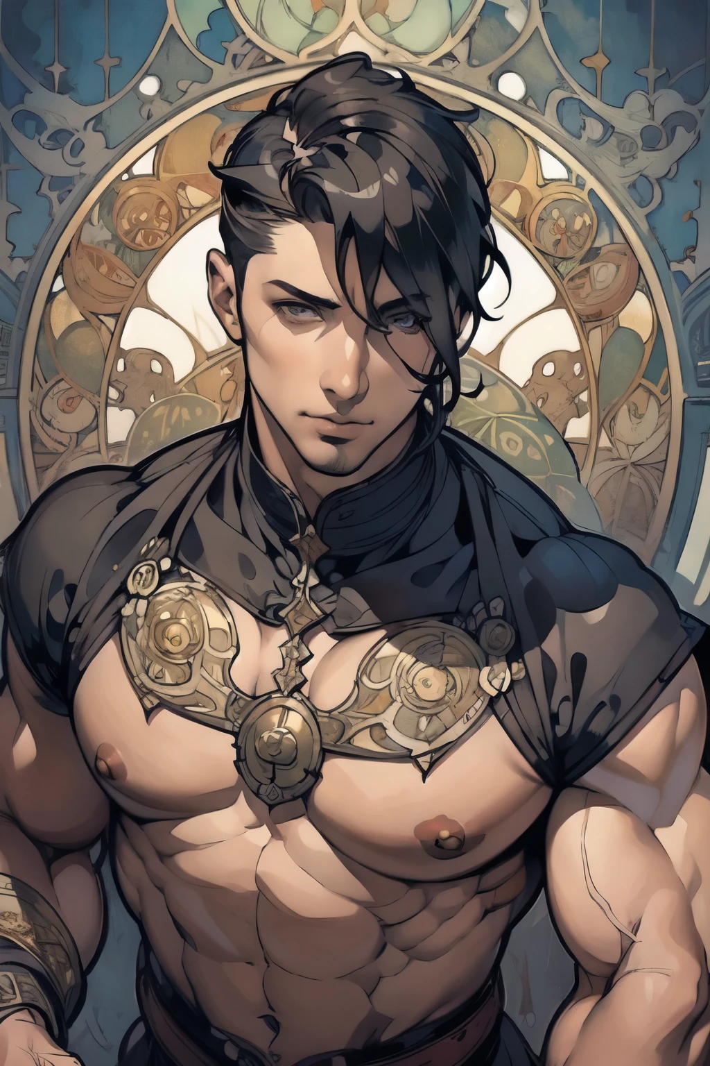 ((Detailed face)),((Mucha's style)),(portrait),((muscular male)),no beard,(Medieval  male soldier),black hair(Mucha in the background),(high position:1.8)
