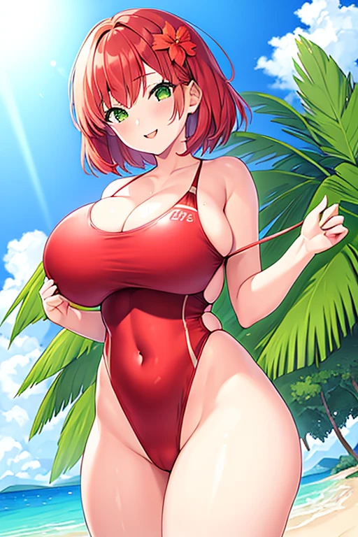 1girl, red hair, medium hair, short hair, flower, flower orbament, ornament, hair ornament, green eyes, one-piece swimsuit, competition swimsuit, large breasts, wide hips, thick thighs, smile, breasts supress, ((breast suppress)), hands on breasts