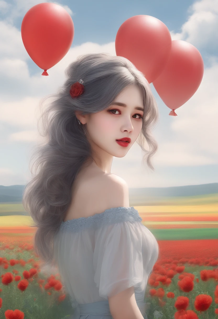 ((face_concentrated)),(((this))),(Hair blowing in the wind:1.3),(((笑face))),(((cute))),(bangs), (Large Breasts), (Green Hair), (Cleavage),((Very long hair)),((Off-the-shoulder see-through blouse)),(((tiered layers skirt))),(((Lace trim))),((embroidery)),((hair ornaments)),((red eye)),(Hair Bow), ((Pointed Ears)),((Hair Flowers)),(Red Bow),((Bunting)),(Multicolored balloons:1.3),
((blue sky)), ((Flower Field)),((Diffraction of Light)),((Tyndall effect)),((Prismatic reflection)),(Pale red lips:1.3),(((break))),(((Lips become thicker))),(One text:1.3),(Depth:1.3),((highest quality)),((32k)),((High resolution)),((超High resolution)),((born)),((realism)),((masterpiece)),(Intricate details),(Delicate and beautiful details),Detailed eye,Detailed face features, eye,Glossy Lips,((((Madeo)))),((Perfect Anatomy)),Glowing Skin,(Best lighting),(Shadows in the movie),