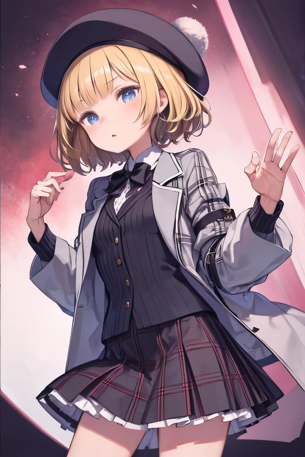 (masterpiece:1.2, highest quality), One girl, beret, Jacket, Checked skirt, Frilled shirt, Short Blonde