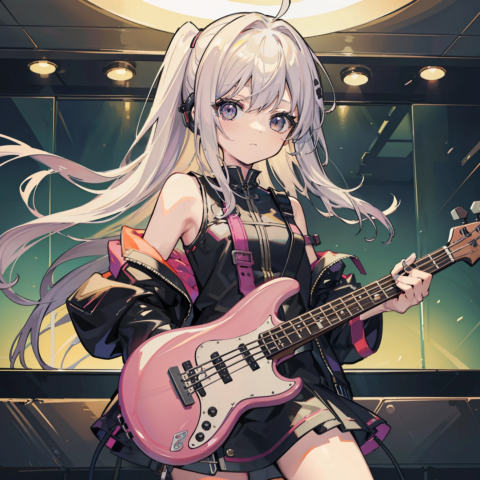 Tabletop,Very detailed,1 girl,alone,Bass guitar、Girl playing bass、黒いBass guitar、cool、Light music、rock、cool構図