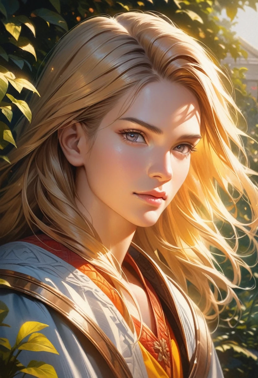 A man with the power of the Sun, with long blond hair holding an ax and a shield

sunlit garden, vibrant colors, peaceful atmosphere, blooming flowers, lush greenery, detailed leaves

(best quality, highres, ultra-detailed), realistic lighting, sharp focus, vivid colors, professionally crafted

portrait art, oil painting, photorealistic style, detailed brushstrokes

golden hues, warm tones, sun-kissed

[serene], [detailed facial features], [natural-looking hair], [impressive sense of power]

Notice：Due to punctuation restrictions，Please use","Comma instead of semicolon。