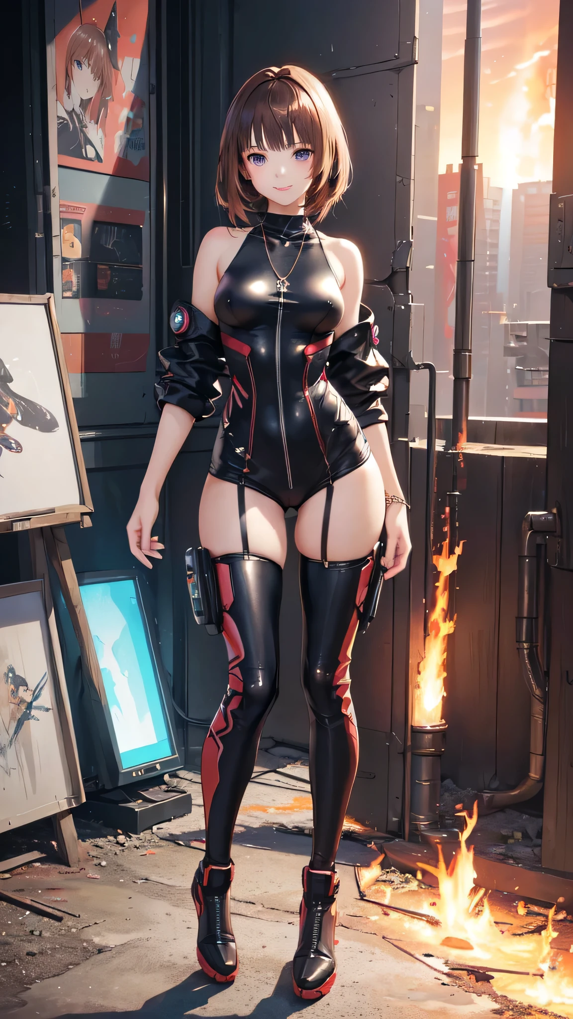 (masterpiece), best, 8k wallpapers, illustrations,full body,beautiful eyes, facial contours, beauty,game cg,1girl,full body,Standing posture，
Short blond hair, white down jacket, long sleeves, (wide zipper), revealing white bulletproof vest, black lacquered leather shorts,( long legs),(red stockings), full of science fiction, (black and white space shoes), submachine gun in one hand, salute to the audience in the other.
(((masterpiece))), (((best quality))), ((ultra-detailed)), (highly detailed CG illustration), ((an extremely delicate and beautiful)),(cute delicate face),cinematic light,best quality, masterpiece, photo realistic, 8k, 4k, extreme res, ultra high res, dynamic lighting, real lighting,
beautiful detailed glow, detailed, Cinematic light, intricate detail, highres, detailed facial features, high detail, sharp focus, smooth, aesthetic, extremely detailed, stamp, octane render,by Mihoyo，