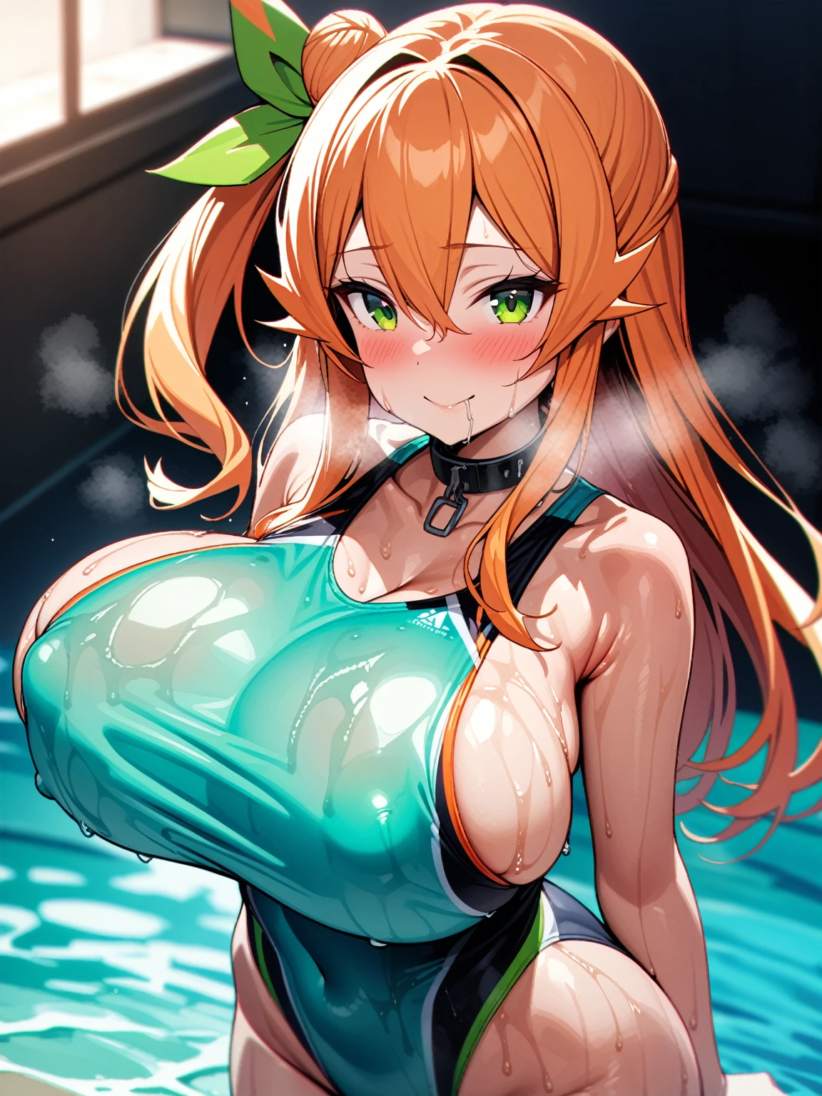 (hinatsuki mikan,orange hair,green eyes,sidetail hair,one side bun head,green hairbow),((solo girl)),((Perfect body,))((Super beautiful,))((High quality,)),(sweaty,) (wet all over,) blush,saliva, steam,collar,solo,gigantic breast,Heavy breathing,saliva,cowboy shot,sporty competitive swimwear,midnight seaside,Smile,Looking at Viewer,Closed mouth,nipple,