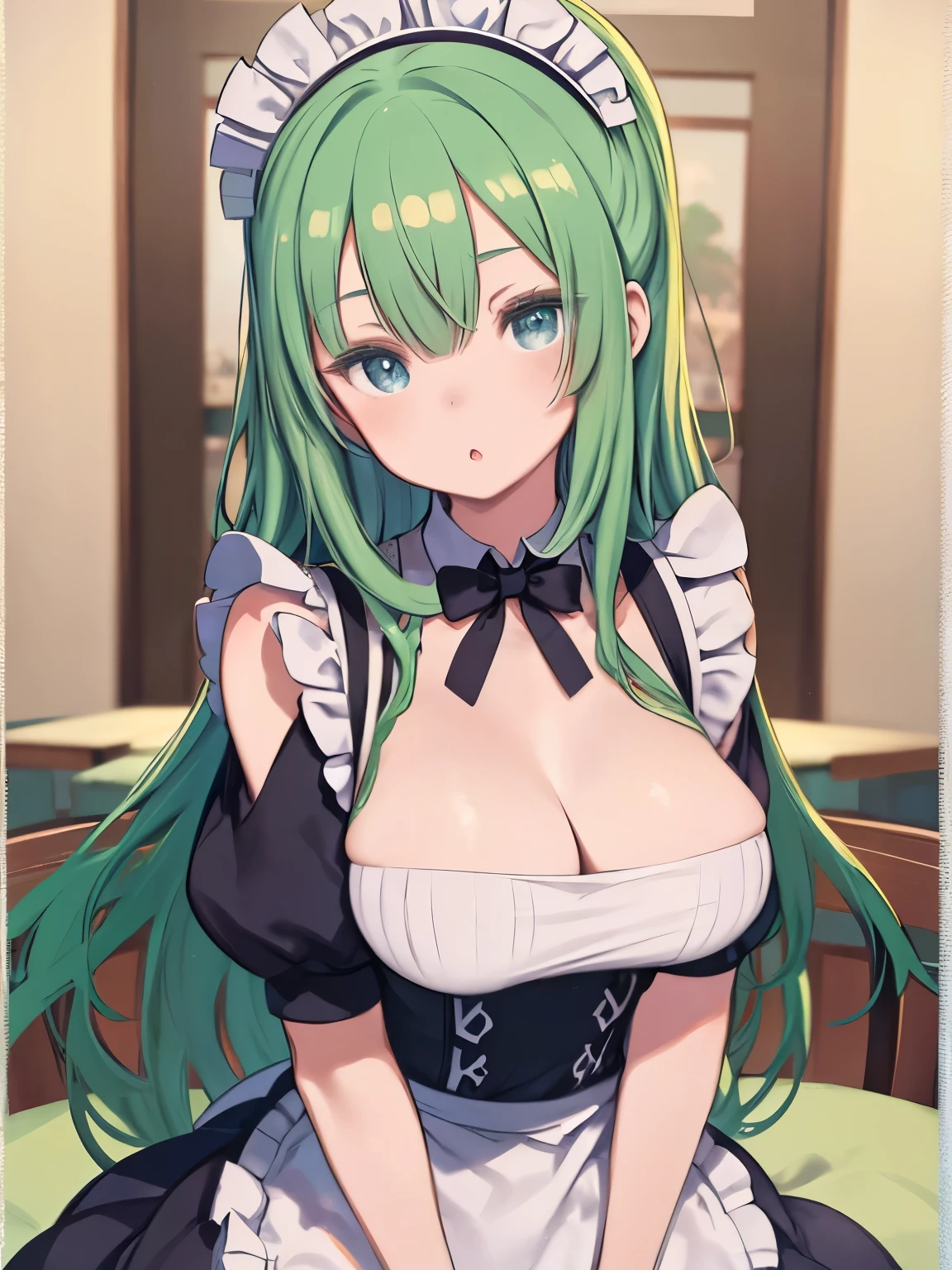 ((Cute maid with green hair and blue eyes))、 face、((masterpiece、highest quality、Ultra high definition、High resolution))、Anime Girls、((Ultra-detailed illustrations:1.2))、Just One、bangs、Hair between the eyes、Beautiful Hair、Beautiful Eyes、Super huge breasts、大きな笑face、Mouth open、In the kitchen