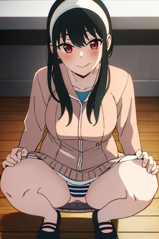 (masterpiece, highest quality: 1.2), alone, 1 girl, alone, panties，，blush，Sailor suit，blazer，your heather, smile, Mouth closed, View your viewers, Long black hair, head band,  Earrings, Big Breasts, Medium Waist, Medium Hips, wide thighs, Embarrassing, Charm, smiling with her Mouth closed, Good move.., Excellent anatomy,panties，classroom，，Sailor suit，blazer，skirt， (((skirtめくり, I can see your pants)))，squat，squat，squat，Spread your legs，