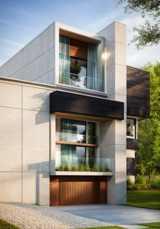 exterior house, contemporary style, white wall, wood wall, wood door, glass window, (realistic:1.2), Masterpiece, high quality, best quality, authentic, super detail, outdoors,road,pavement, grass, trees, sky, cloud, (daylight:1.1)