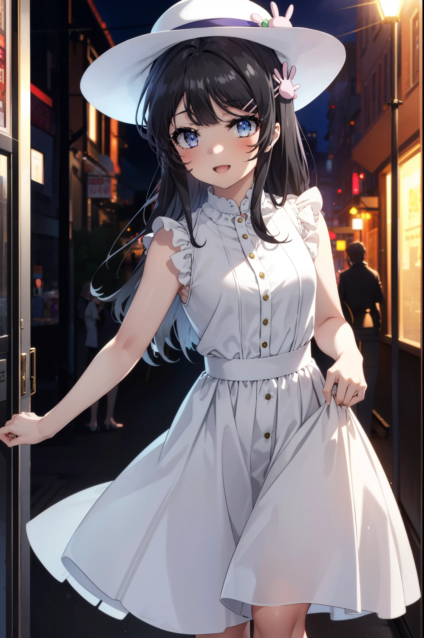 maisakurajima, Mai Sakurajima, Long Hair, bangs, (Black Hair:1.5), hair ornaments, (Purple eyes:1.1), Hair Clip, rabbit hair ornaments,time Daytime,sunny,Light of the sun,White hat,
happy smile, smile, Open your mouth,blush,Sleeveless dress,Long skirt,Cute heeled sandals,Clear skies,Daytime break looking at viewer,whole body, (Cowboy Shot:1. 5) , break outdoors, Building district,In town, break (masterpiece:1.2), highest quality, High resolution, unity 8k wallpaper, (shape:0.8), (Beautiful and beautiful eyes:1.6), Highly detailed face, Perfect lighting, Highly detailed CG, (Perfect hands, Perfect Anatomy),