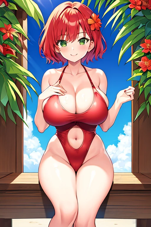 1girl, red hair, medium hair, short hair, flower, flower orbament, ornament, hair ornament, green eyes, one-piece swimsuit, competition swimsuit, large breasts, wide hips, thick thighs, smile, breasts supress, ((breast suppress)), hands on breasts