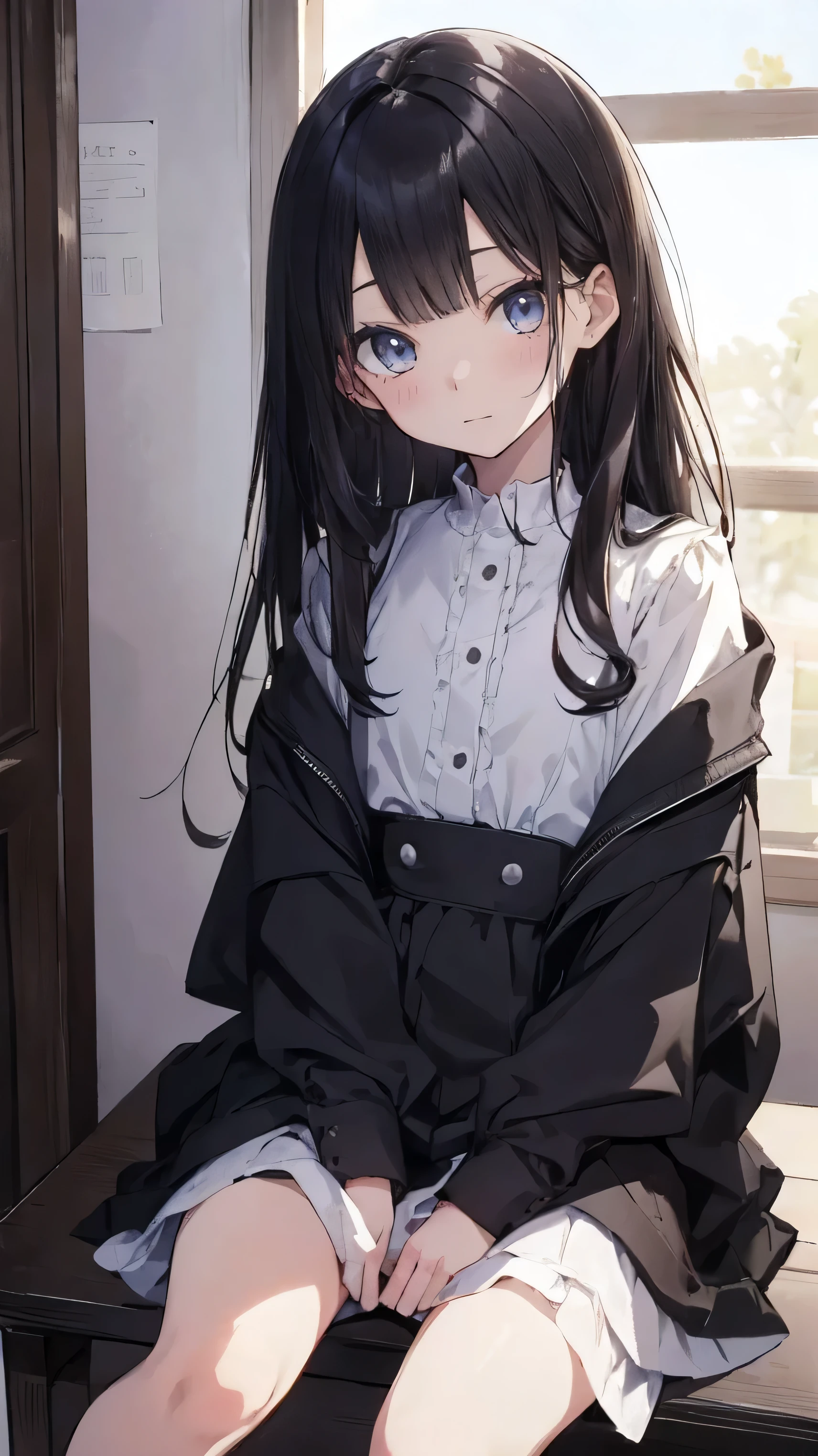 Masterpiece、Highest quality、highest quality、Black Hair、(((Lori)))、((((Petite))))、Shiny hair quality、Small face、Sitting、Super detailed, beautiful, wide eyes、Ultra-detailed, clear and beautiful faces、(cute illustration:1.2), High-resolution, ultra-detailed, best quality, embarrassed
