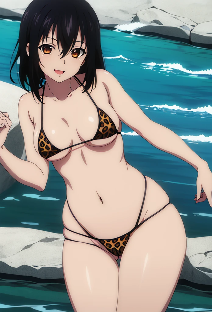 (masterpiece, 4K, highest quality, anime style: 1.9, Detailed face, Lovely, Ocean,Thick drawn lines, High resolution, anime, Lake 4. alone, Curvaceous, Thighs, 胸の谷between, Medium Chest, smile, Please open your mouth wide, Very slim belly, Cowboy Shot, Leopard print micro bikini,1 girl,short_hair, 前hair, black_hair, hair_between_eye, Brown_eye,Yukina Himeragi,Gravure pose