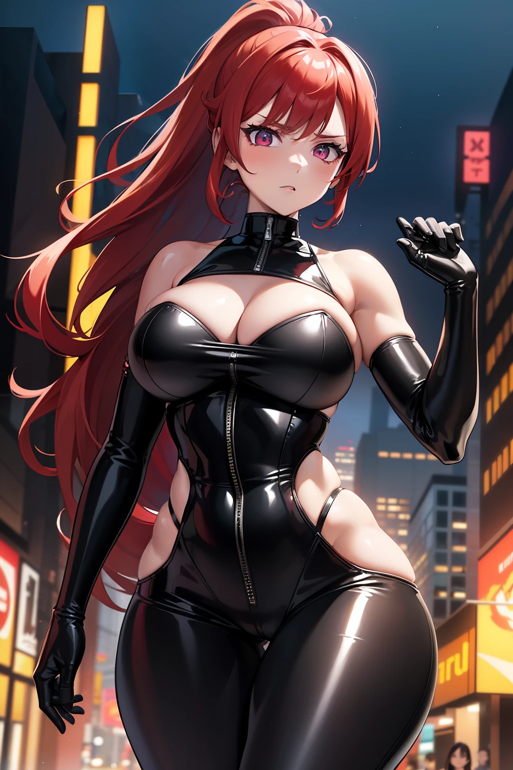 A breathtaking digital artwork shows a red-haired woman with a scared, embarrassed expression, her ponytail made of fiery curls, and her glowing, super-detailed eyes drilling her inner turmoil. Lips full of her, painted a strong red, increase her allure. Boasting a sculpted physique and wide hips, she attracts attention, wearing a closed and tight black leather jumpsuit. Its shiny trajectory surface accentuates your curves and highlights your shape. Hanging over her shoulders is a hooded sweatshirt, its neon pink interior providing a bold contrast. As she walks down a busy street, deep in thought