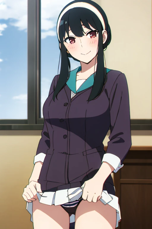 (masterpiece, highest quality: 1.2), alone, 1 girl, alone, panties,,blush,Sailor suit,blazer,your heather, smile, Mouth closed, View your viewers, Long black hair, head band, Earrings, Big Breasts, Medium Waist, Medium Hips, wide thighs, Embarrassing, Charm, smiling with her Mouth closed, Good move.., Excellent anatomy,panties,classroom,,Sailor suit,blazer,skirt, (((skirtめくり, I can see your pants))),Spread your legs,Spread your legs,