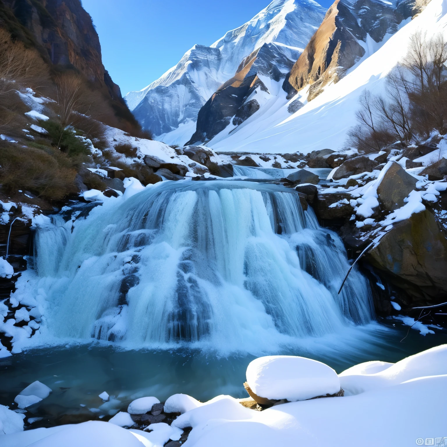 Everest tributaries、[[[Everything freezes]]]、Beautiful water concrease water volume to 10 times the current amount、Waterfall in the Midwinter、Turbidity flow、Raging Splash、Freezing、Icicle、Shining in the morning sun、reflection、bright、More rough々Successfully、Increase the amount of water、