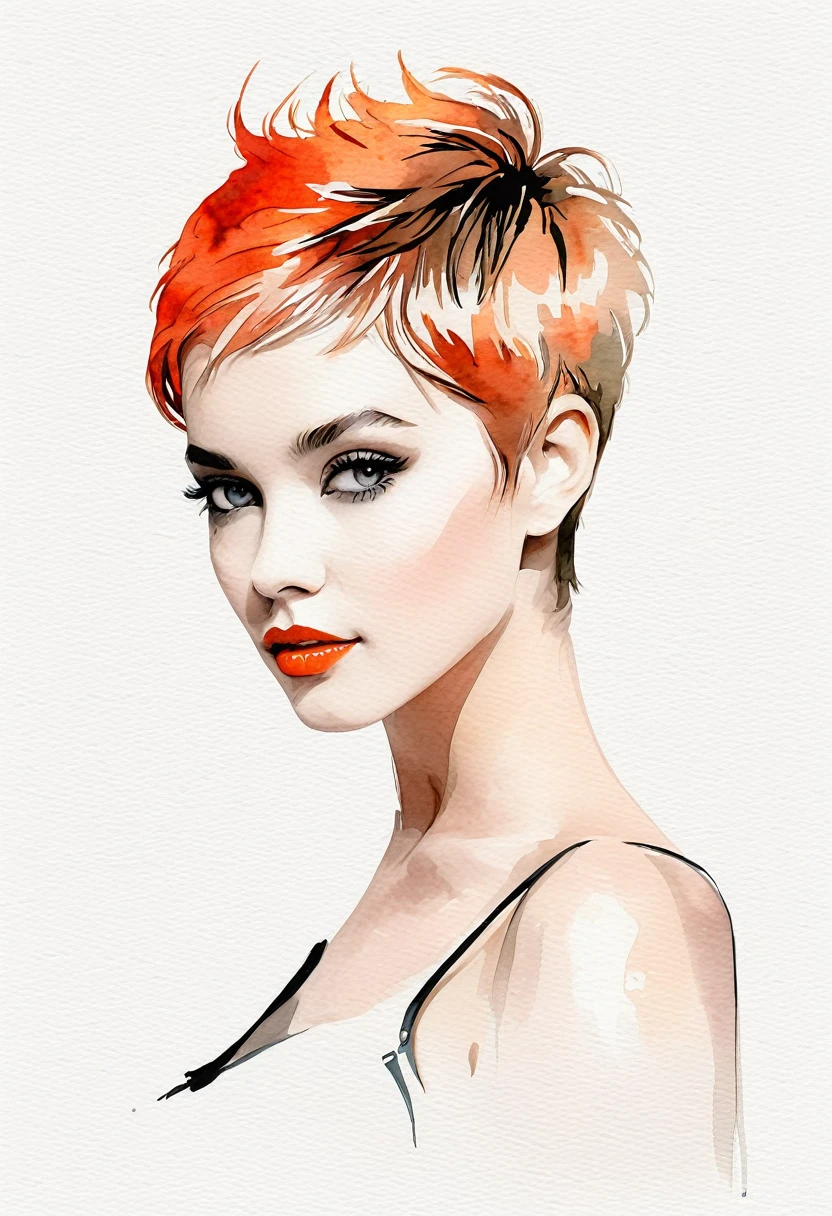 chica de pelo corto pixie arte moderno, minimalismo, contemporary elegance, dreamcore, moda elegante , fusion of watercolor and digital illustration, colores limpios, minimalistas y vibrantes