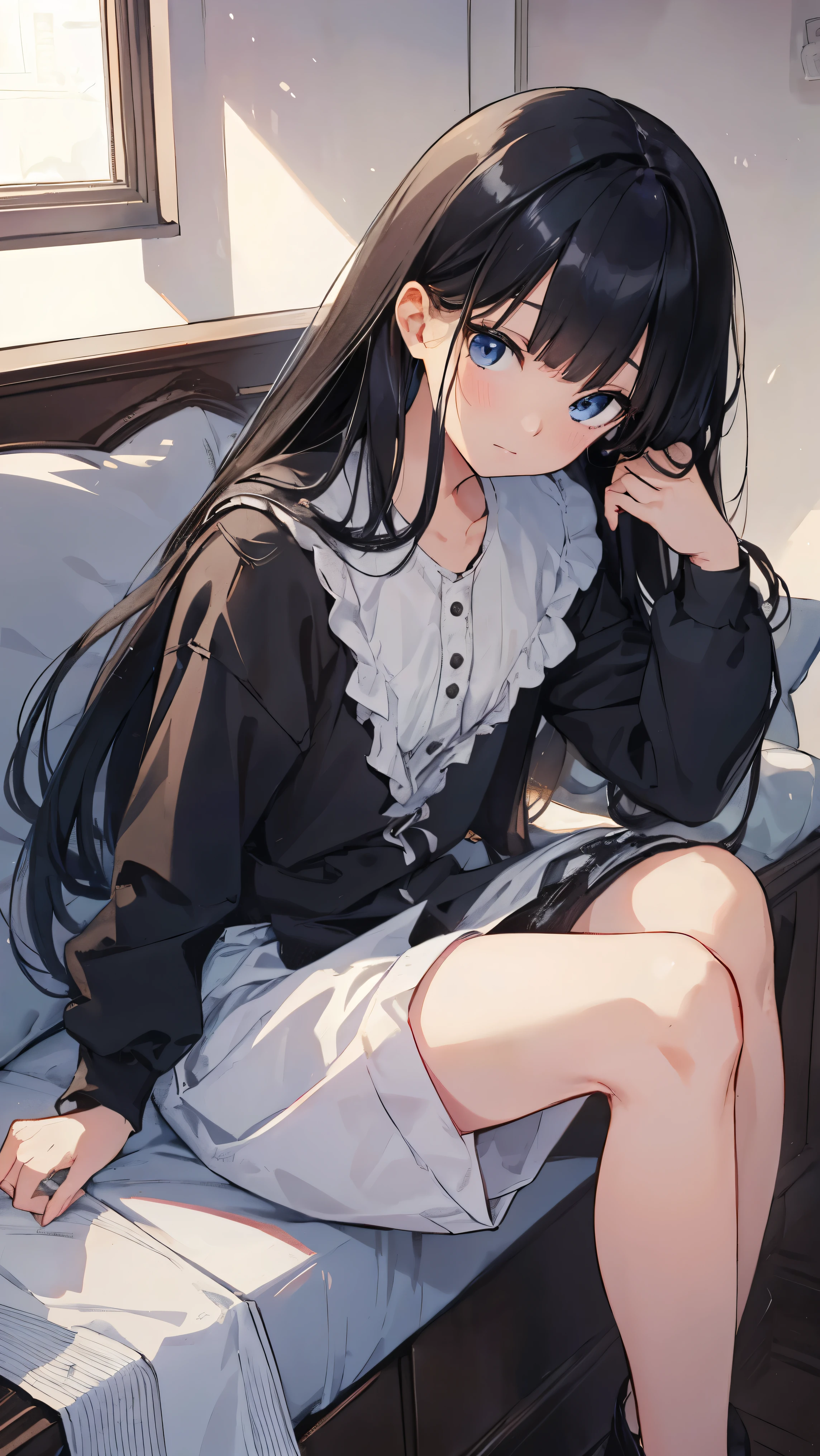 Masterpiece、Highest quality、highest quality、Black Hair、(((Lori)))、((((Petite))))、Shiny hair quality、Small face、Sitting、Super detailed, beautiful, wide eyes、Ultra-detailed, clear and beautiful faces、(cute illustration:1.2), High-resolution, ultra-detailed, best quality, embarrassed