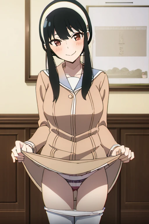 (masterpiece, highest quality: 1.2), alone, 1 girl, alone, panties，，blush，Sailor suit，blazer，your heather, smile, Mouth closed, View your viewers, Long black hair, head band,  Earrings, Big Breasts, Medium Waist, Medium Hips, wide thighs, Embarrassing, Charm, smiling with her Mouth closed, Good move.., Excellent anatomy,panties，classroom，，Sailor suit，blazer，skirt， (((skirtめくり, I can see your pants)))，Spread your legs，