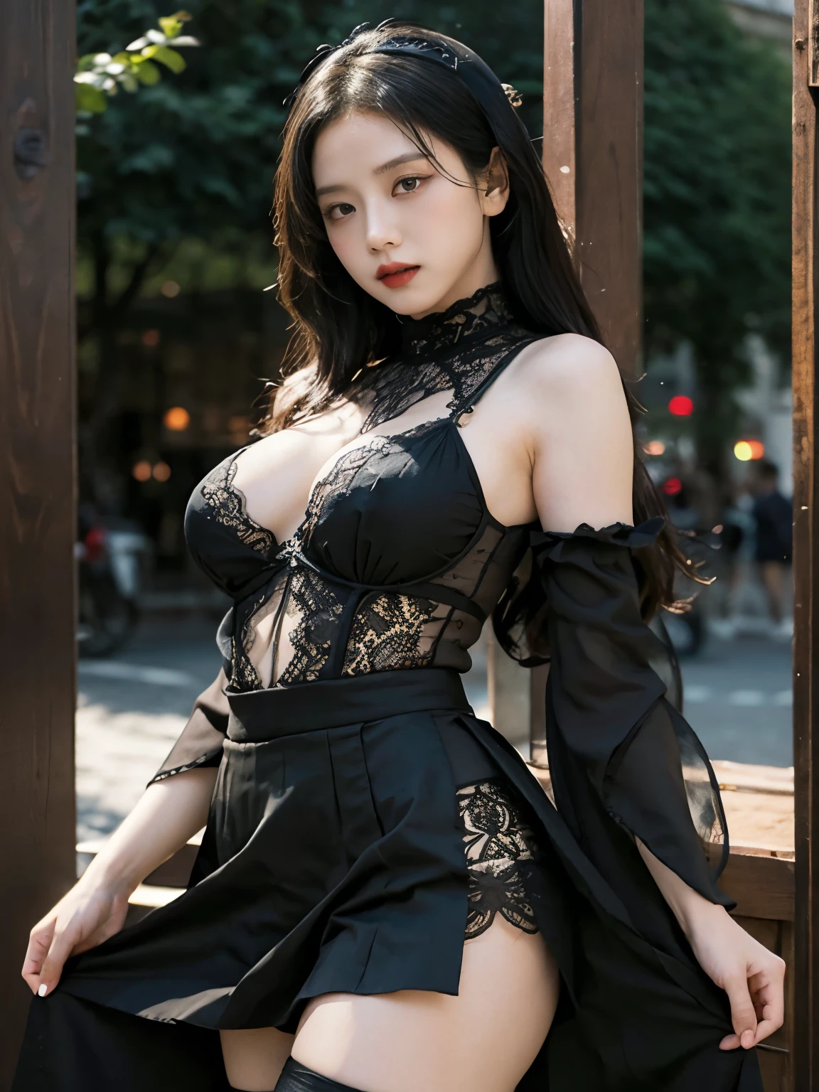 gothic pattern stockings, breasts are visible, The wind lifted her skirt and her elastic ass was visible, wants sex