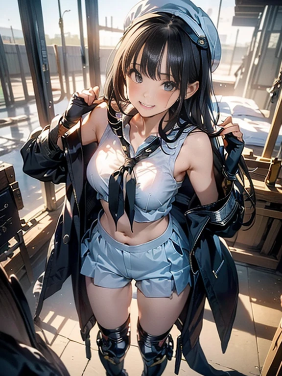 (Thynasha:1.2),dark blue hair,very long hair, purple eyes,(beautiful detailed eyes:1.0), extremely detailed face, perfect lighting, hair between eyes,bangs, (black beret, black jacket, open clothes, cleavage, midriff, black medium skirts,  black thighhighs, thigh strap, fingerless gloves, single glove:1.2), Photo,sharpness, F1.6 lens,hyper-realistic textures,spectacular light textures, Cinestil 800 Fashion Mechanics,(((Beautiful woman with left leg restrained by chains))),Appearance,Beautiful girl with accentuated slender abs: 1.1,six-pack abs: 1.1, Bust Botox,Standing on tiptoe, long legs,Long brown hair fluttering in the wind,Brown hair, Long hair, Female Warrior Costume,(No panties,No bra),(tacticul battle fashion,elbow and knee tacticul battle fashion, battle glove: 1.1),((cute batre costume)),The belly comes out and the navel is visible,Thin sheer costume, combat gloves,shredded costumes,cyber long combat boots with golden knee pads,Anatomical,(futuristic sci-fi battle fashion, new elbow and knee cyberpads, new cyberlong boots, new cybergloves: 1.1),(tied perfectly by iron chain:1.3), Restraint, Slave, collars, contempt, (Chained), 4 chains hung from heaven, Metallic shackles and fetters, wet crotch clearly visible,((Hands are restrained above the head)), the neck is chained,Chain from left knee to heaven,Chained by rusty iron chains,((the tip is protruding, areolas protruding,The shape of the pubic harearea is clearly visible:0.9)),Sweating,Wet,Wet crotch,Wet thighs,Junkyard, Realistic, (cute, perfect clothes, skimpy clothes, cute: 1.3) ,Vast miritary base in us,((wide mirtary hospital with summer sunlight)), peeling ceilings, Rebar between, Realistic material details, Extreme details, Ultra-realistic materials,narrow waist,(with sparkling eyes and a contagious smile:0.9),looking at viewer,
