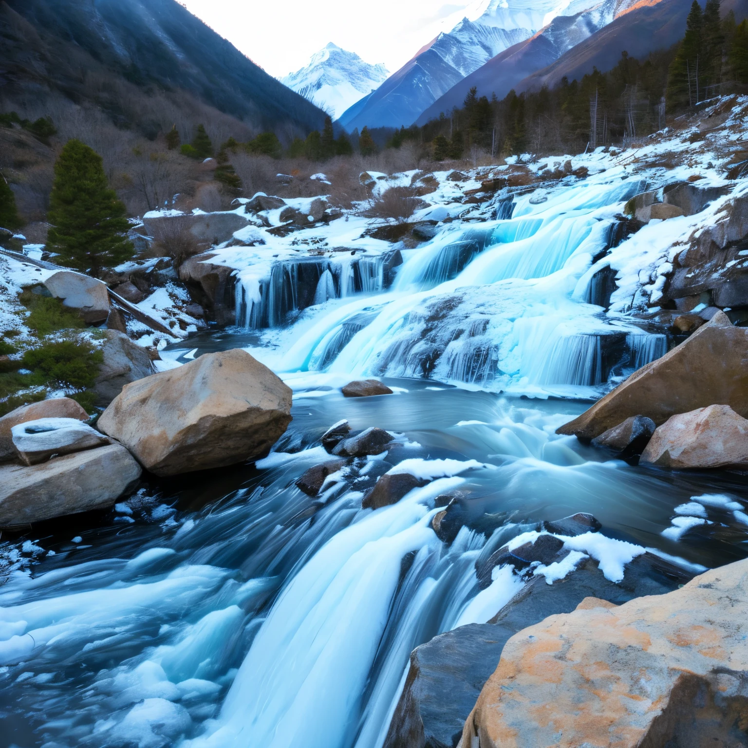 Everest tributaries、[[[Everything freezes]]]、Beautiful water concrease water volume to 10 times the current amount、Waterfall in the Midwinter、Turbidity flow、Raging Splash、Freezing、Icicle、Shining in the morning sun、reflection、bright、More rough々Successfully、Increase the amount of water、