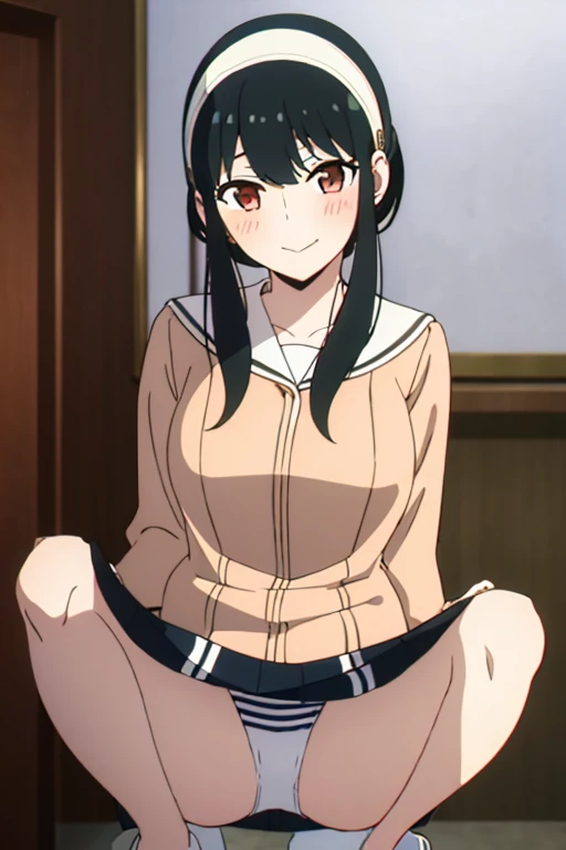 (masterpiece, highest quality: 1.2), alone, 1 girl, alone, panties,,blush,Sailor suit,blazer,your heather, smile, Mouth closed, View your viewers, Long black hair, head band, Earrings, Big Breasts, Medium Waist, Medium Hips, wide thighs, Embarrassing, Charm, smiling with her Mouth closed, Good move.., Excellent anatomy,panties,classroom,,Sailor suit,blazer,skirt, (((skirtめくり, I can see your pants))),Spread your legs,Spread your legs