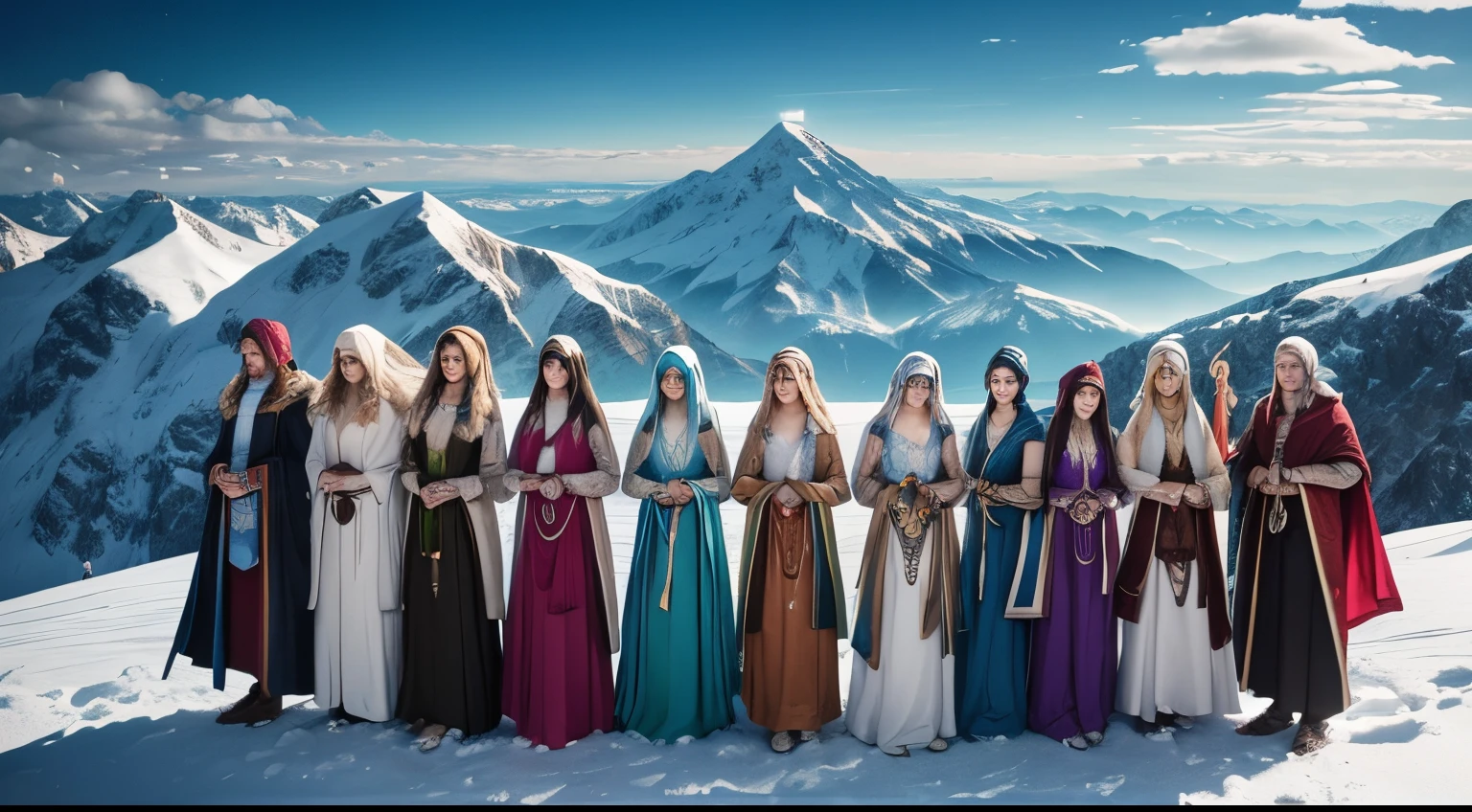 Create an impressive image of seven powerful mages, on a majestic mountain peak. Each of them wears a glowing ring, that amplifies its magic and bathes the sky in a mystical light. Lass die Szene vor einer atemberaubenden Kulisse aus funkelnden Sternen und einem schimmernden Nebel im Hintergrund spielen, um die epische Aura dieses magischen Moments einzufangen.