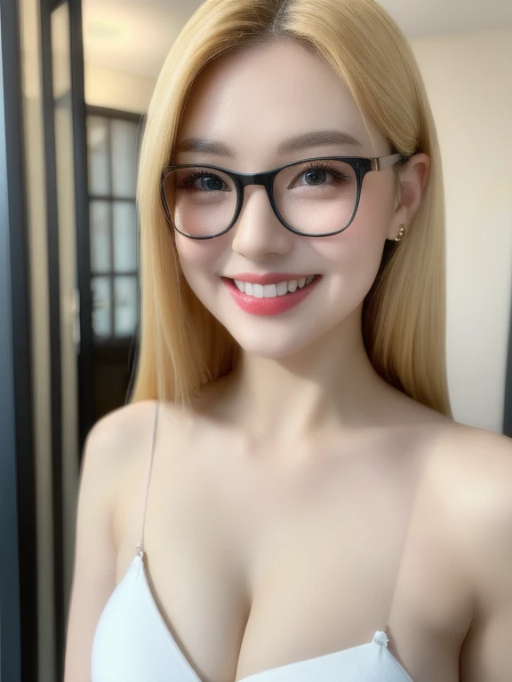 (realistic、masterpiece、Best Quality、8K、highres、high resolution:1.3)、1 glasses girl、 Huge breasts、smile, white bikini、pale white skin、looking at viewers、super fine face and eyes、long blonde hair、indoor、 upper body、