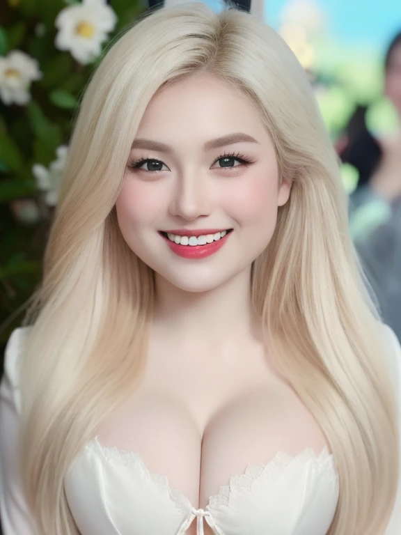 (realistic、masterpiece、Best Quality、8K、highres、high resolution:1.3)、1 girl、 Huge breasts、smile, white bikini、pale white skin、looking at viewers、super fine face and eyes、long blonde hair、indoor、 upper body、