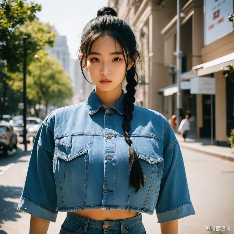 arafed woman with braids in a denim shirt and jeans jacket, by Zhang Han, two pigtails hairstyle, a cute young woman, pigtails hairstyle, young cute wan asian face, by Xia Yong, chinese girl, a beautiful young woman, soft portrait shot 8 k, by Ye Xin, beautiful young girl, young adorable korean face, girl cute-fine-face, , solo,arafed woman with long black hair wearing a denim shirt, korean women's fashion model, photo of slim girl model, cropped shirt with jacket, modern casual clothing, wearing a cropped tops, casual modern clothing, trendy clothes, dilraba dilmurat, wearing a sexy cropped top, wearing tight simple clothes, 17 year old female model, open v chest clothes(((1girl)))