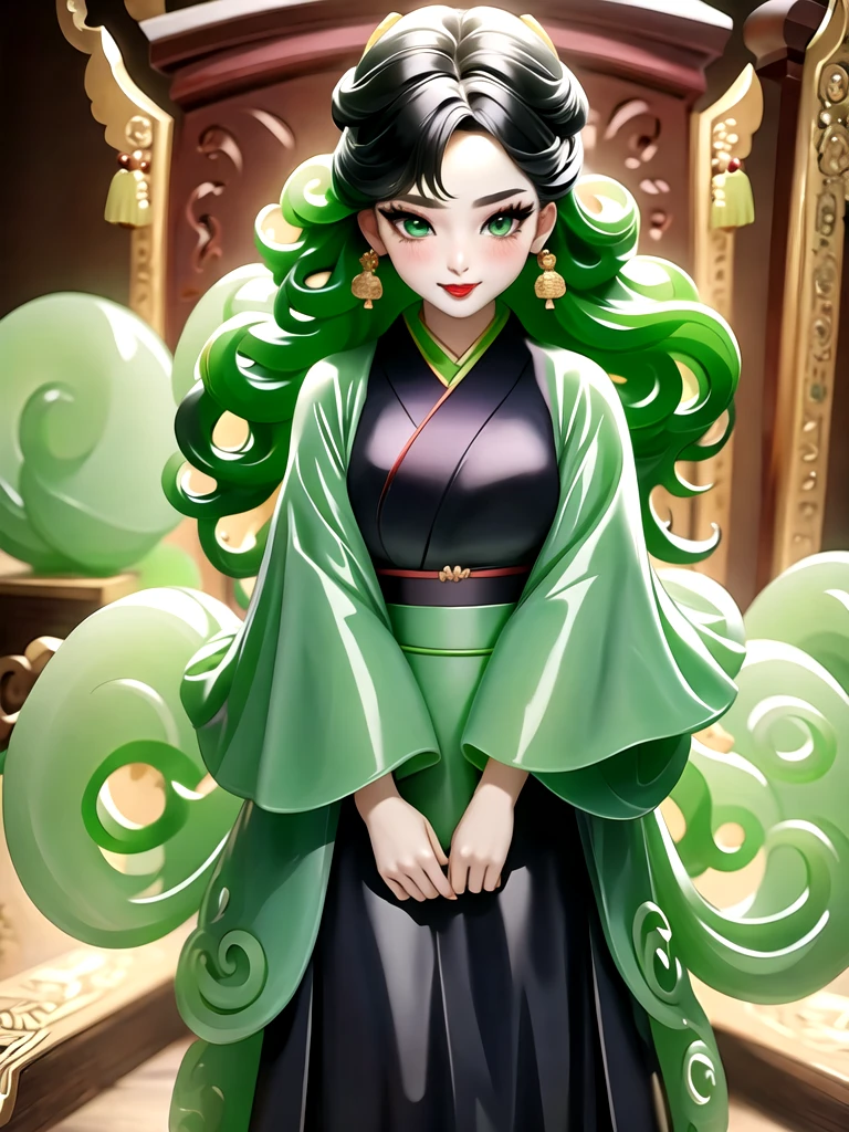 greendesign, 1girl, solo, earrings, green eyes, jewelry, green hair, looking at viewer, chibi, hanbok, long sleeves, wide sleeves, korean clothes, long hair, gradient, gradient background, full body, own hands together, standing, red lips, closed mouth, skirt, japanese clothes, shadow, black background, black hair, smile, kimono, makeup, eyelashes, lips, simple background, blush