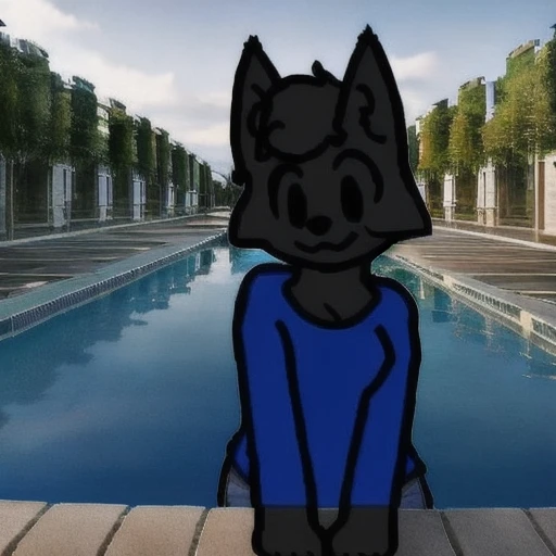 simplexe, 1girl, solo, furry, gray fur, blue shirt, sitting at the pool
