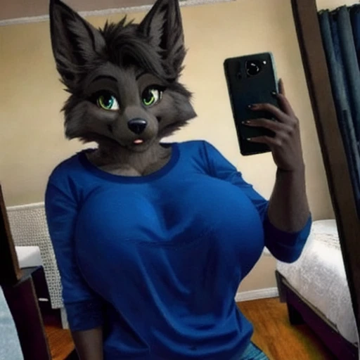simplexe, 1girl, solo, furry, big breasts, gray fur, blue shirt, bedroom, mirror, selfie