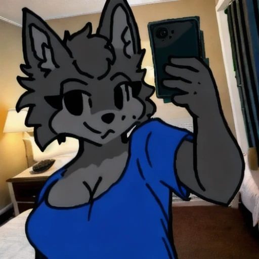 simplexe, 1girl, solo, gray fur, blue shirt, medium breasts, bedroom, mirror selfie