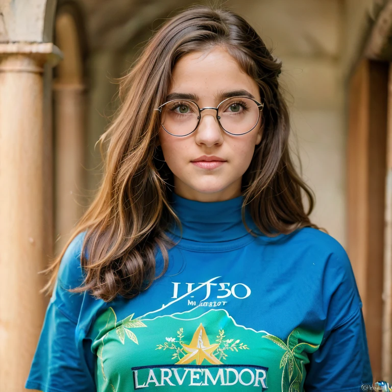 retrato, olhando para o espectador, premiado, (8k, foto crua, melhor qualidade, obra de arte:1.2),ultra-detalhado, (pele altamente detalhada:1.2), 8k hd, dslr, iluminação suave, alta qualidade. (close up )a garota tem grandes olhos muito verdes assustadoramente cristalinos. ela esta usando oculos redondos de aros finos como os de harry potter. ela é muito magra e bonita. ela esta vestindo roupas modestas. ela tem cabelo medio, ate os ombros e ondulados, muito espessos.  ela tem os cabelos espessos e rebeldes como os de hermione granger. seus cabelos sao quase cacheados, e muito grossos. ELA PE MAGRA COMO UMAA MODELO ANOOREXICA E DOENTE COM DISTURBIOS ALIMENARES. ELA É ESQUELETICA. Os olhos dela sao em verdes e perturbadoramente profundos. ela tem olheiras pretas e profundas abaixo dos olhos. ela é palida, tem aparencia ntriste e o rosto é magro e ossudo. o nariz dela é igual o da princesa diana. ela esta usando roupas dos anos 80, roupa de hogwarts, Roupa de punk rocker. (2001 Luz NATURAL, sol, e bem iluminada: 1.4) (Expressão aproximada: 1.3) O espectador fica cativado pela cena enigmática, atraídos pela tensão e antecipação. she is using roung glasses harry potter. SEM MAQUIAGEM, boa palida, rosto palido e sem vida  e sem cor. ela é magra e plana, nao é sexy, nao tem busto. 