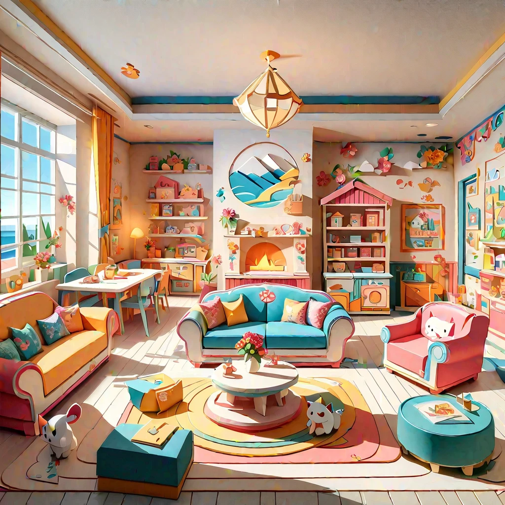 (masterpiece, best quality:1.2), 3d paper cut style, classic, cartoon, cute, living room paper cut art, playful and cute room decoration, paper art furniture, sofas, chairs and tables made of folded and cut paper, bright colors, whimsical patterns, walls decorated with animals, Flowers, landscapes and other paper art cartoons