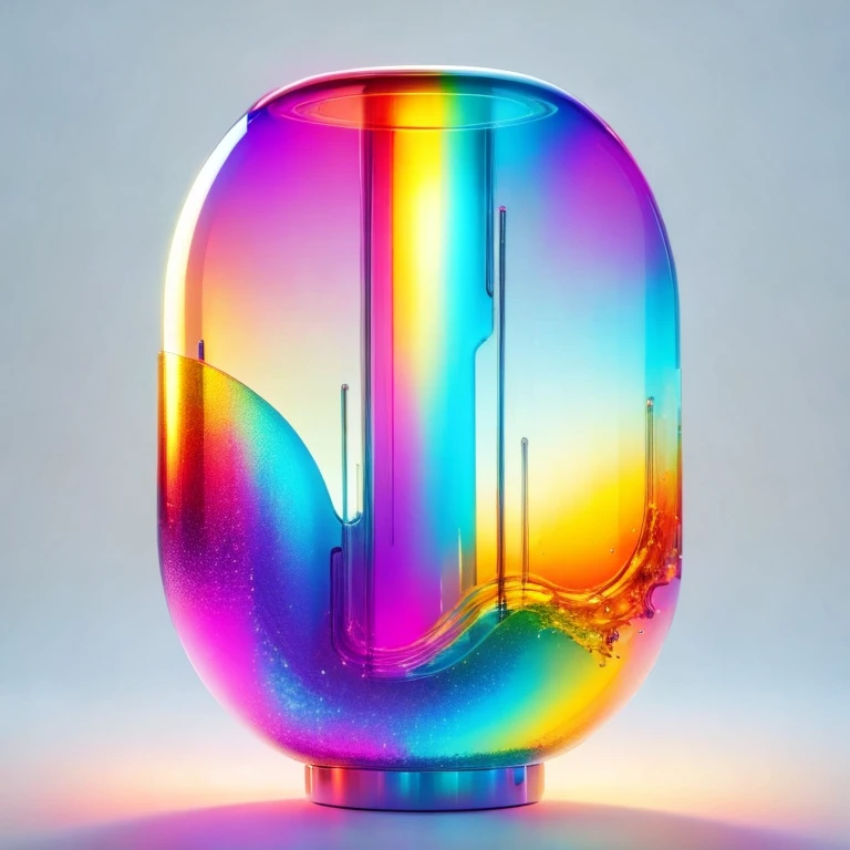 (masterpiece, best quality:1.2), Gradient colorful glass, metallic feel, retro cyberpunk, surrealism, Arthur C. Clarke effect, transparent body, gradient semi-transparent glass melt, caustics, transparent glass texture, rainbow color, designed by Dieter Rams, simple, sparkling details, white background, industrial design, studio lit up, C4D, Octane Render, clean shadow, 4K，Beautiful artworks, magical items, with mysterious universal energy