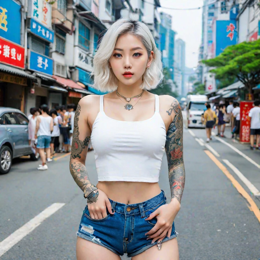 1girl, solo, (best quality, 4k, Masterpiece, ultra detailed), arafed woman with tattoos and a white top standing on a city street, perfect white-haired girl, pale hair, wearing a sexy crop top, beautiful body full, beautiful abdomen, beautiful and perfect legs, shorts, worn blue denim shorts, abdomen of Taiwanese girl with tattoos, Korean girl, beautiful perfect and realistic full body, blonde goddess, sexy look, with tattoos, with short top, tattooed , with long white hair.